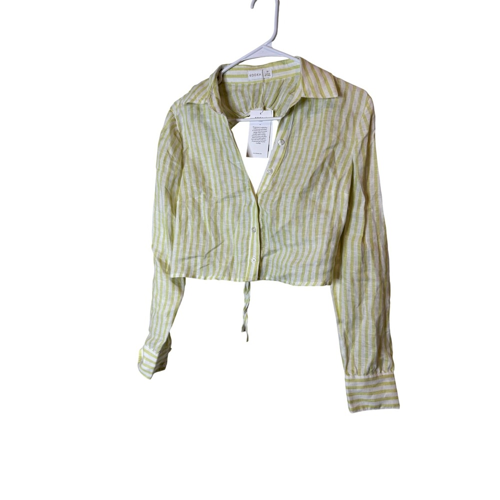 Kookai Zoe Open Back Shirt Womens 36 Lime White Striped Long Sleeve Crop KT3558